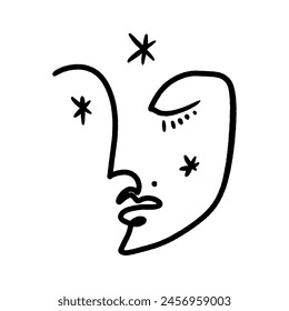 Vector line face illustration. Modern contemporary art, trendy continuous drawing. Space artistic linear portrait. Simple minimal beauty logo or label. Isolated graphics. Simple minimalistic beauty