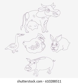Vector line farm animal icon. Isolated. Cow, pig, chicken, goose, rabbit icon for polygraphy, web design, logo, app, UI.