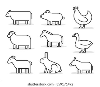 Vector line farm animals icon set. Geometric linear cow, pig, chicken, horse, rabbit, goat, donkey, sheep and geese