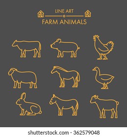 Vector Line Farm Animals Icon Set. Linear Figure Cow, Pig, Chicken, Horse, Rabbit, Goat, Donkey And Sheep.