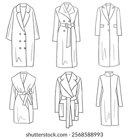 Vector line fashion illustrations of women's coats and jackets, isolated on a white background. Winter clothing doodles.