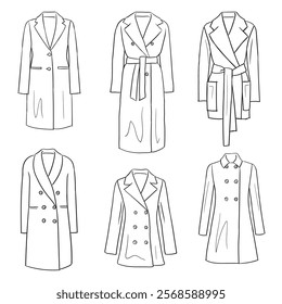 Vector line fashion illustrations of women's coats and jackets, isolated on a white background. Winter clothing doodles.