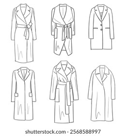 Vector line fashion illustrations of women's coats and jackets, isolated on a white background. Winter clothing doodles.