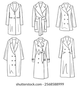 Vector line fashion illustrations of women's coats and jackets, isolated on a white background. Winter clothing doodles.