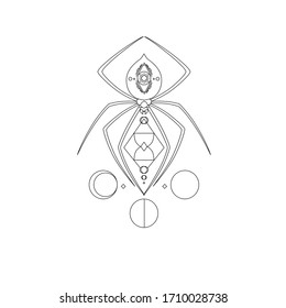 Vector line of fate weaver or spider that can see all things by the true eye and weaving fate and time string beyond the space where we know tattoo with minimal and simple designs