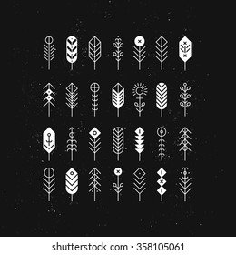 Vector line feathers and arrows, abstract geometric elements, pattern, ethnic collection, aztec icons, tribal art, for design logo, cards, backgrounds
