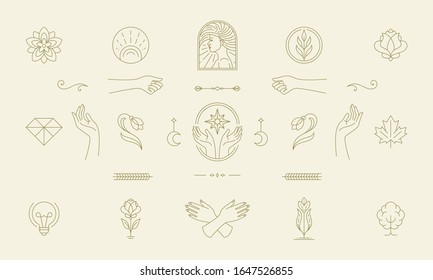 Vector line feminine decoration design elements set - female face and gesture hands illustrations simple minimal linear style. Bundle mystical outline graphics for logo emblems and product packaging