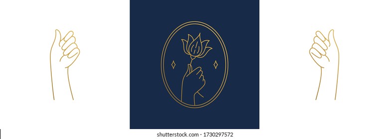Vector line feminine decoration design elements set - flower and female gesture hands illustrations minimal linear style. Collection mystical outline graphics for logo emblems and product branding