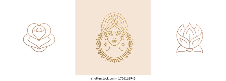 Vector line feminine decoration design elements set - flowers and female gesture hands illustrations minimal linear style. Collection mystical outline graphics for logo emblems and product branding - Shutterstock ID 1736162945