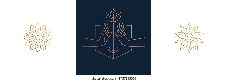 Vector line feminine decoration design elements set - flowers and female gesture hands illustrations minimal linear style. Collection mystical outline graphics for logo emblems and product branding