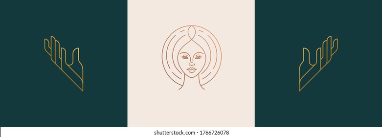 Vector line feminine decoration design elements set - female face and gesture hands illustrations minimal linear style. Collection mystical outline graphics for logo emblems and product branding