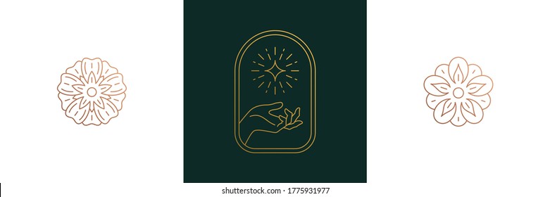 Vector line feminine decoration design elements set - flowers and female gesture hands illustrations minimal linear style. Collection mystical outline graphics for logo emblems and product branding