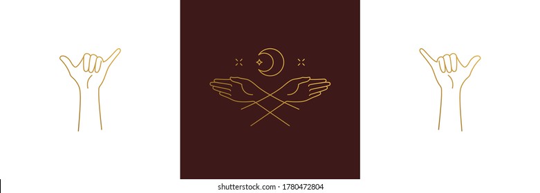Conjunto de elementos de diseño de decoración femenina de línea vectorial - ilustraciones de las manos gestoras de la luna y la hembra estilo lineal mínimo. Gráficos de esquema místico de colección para emblemas de logotipo y marca de producto