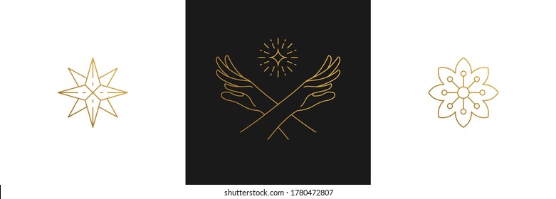 Vector line feminine decoration design elements set - flower and female gesture hands illustrations minimal linear style. Collection elegant outline graphics for logo emblems and product branding