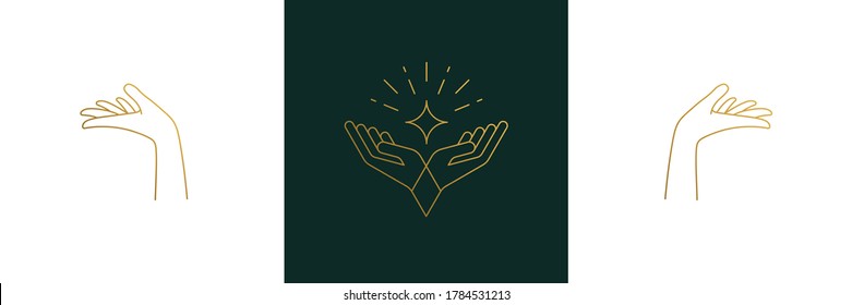 Vector line feminine decoration design elements set - star and female gesture hands illustrations minimal linear style. Collection mystical outline graphics for logo emblems and product branding