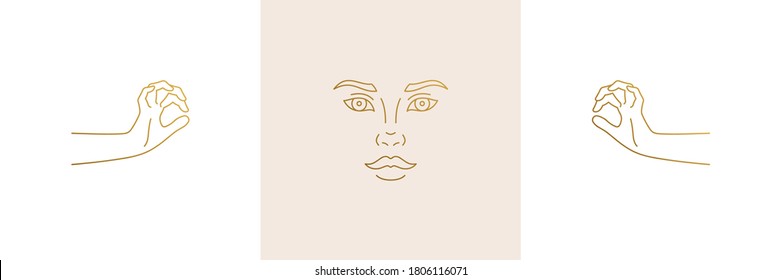 Vector line feminine decoration design elements set - female face and gesture hands illustrations minimal linear style. Collection mystical outline graphics for logo emblems and product branding