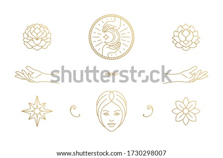 Vector line feminine decoration design elements set - female face and gesture hands illustrations minimal linear style. Collection mystical outline graphics for logo emblems and product branding