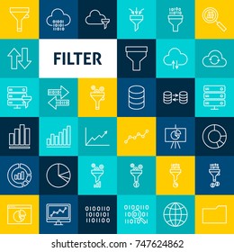 Vector Line Filter Icons. Thin Outline Business Symbols over Colorful Squares.