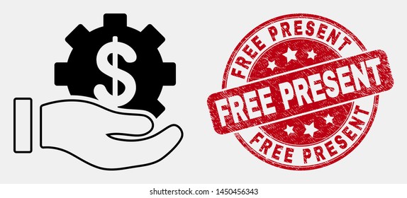 Vector line financial service offer hand icon and Free Present seal. Blue rounded textured seal with Free Present text. Black isolated financial service offer hand icon in contour style.