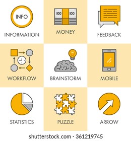 Vector line and flat business icon set for web. Black and yellow. Information, money, feedback, workflow, brainstorm, mobile, statistics, puzzle and arrow. 