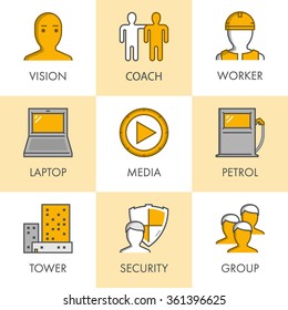 Vector line and flat business icon set for web. Black and yellow. Vision, coach, worker, laptop, media, petrol, tower, security and group.