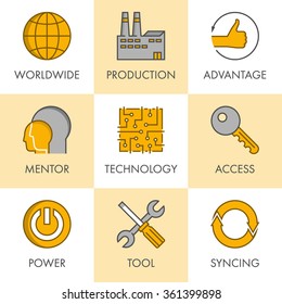 Vector line and flat business icon set for web. Black and yellow. Worldwide, production, advantage, mentor, technology, access, power, tool and syncing.