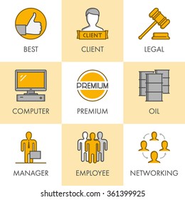 Vector line and flat business icon set for web. Black and yellow. Best, client, legal, computer, premium, oil, manager, employee and networking.