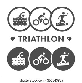 Vector line and flat triathlon logo and symbol. Black and white figure triathletes. Swimming, cycling and running. Sport label and badge.