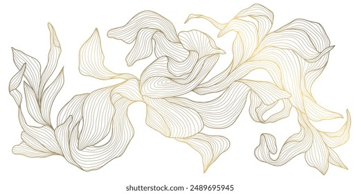 Vektorgrafik-Linie florale Textur, Blattgold-Ornament, japanisches dynamisches Luxus-Dekorelement. In: Modern Graphic Botanical Drawing.