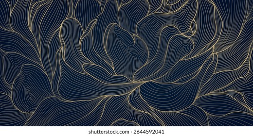 Vector line flower gold on blue background, leaf plant elegant luxury design. Garden art deco wedding illustration, blossom asian pattern