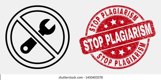 Vector Line Forbidden Repair Pictogram And Stop Plagiarism Seal. Blue Round Scratched Seal Stamp With Stop Plagiarism Phrase. Black Isolated Forbidden Repair Icon In Line Style.