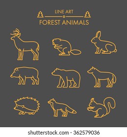 Vector line forest animals icon set. Linear figure deer, rabbit, wolf, bear, boar, fox and squirrel.