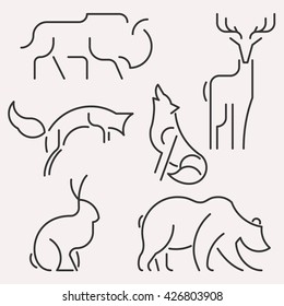 Vector line forest animals logo set. Linear figure bison, deer, fox,wolf, hare, bear