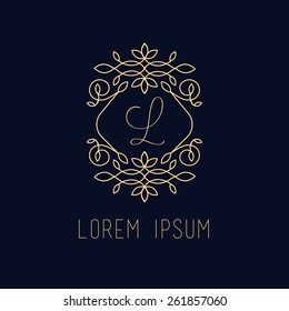 Vector line frame design elements for logos,ornament and decoration, emblem, logo, background, frames and borders in modern style, gold line color, floral for you logotype.