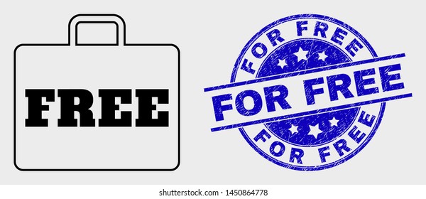 Vector line free case pictogram and For Free seal. Blue round textured seal with For Free phrase. Black isolated free case pictogram in line style.