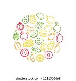 Vector line fruits icons in circle shape illustration isolated on white background