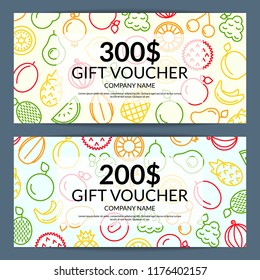 Vector line fruits icons discount or gift voucher templates illustration. Sale card fruits, gift banner offer promotion Vector line fruits icons discount or gift voucher templates illustration. Sale card fruits, gift banner offer promotion