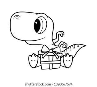 Vector line funny cartoon sitting baby Dinosaur with gift package