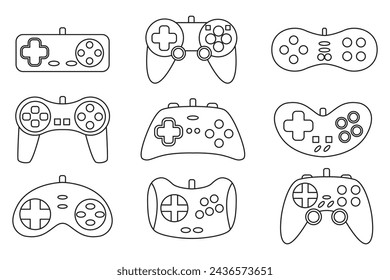 Vector line game controller gamepad icons set. Black outline joysticks elements flat style isolated on white background. Gamer device collection.