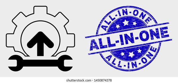 Vector line gear integration arrow icon and All-In-One seal stamp. Blue round grunge seal with All-In-One title. Black isolated gear integration arrow icon in linear style.