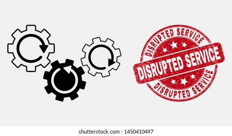 Vector line gear mechanism pictogram and Disrupted Service watermark. Blue rounded distress seal with Disrupted Service title. Black isolated gear mechanism pictogram in line style.