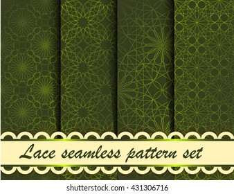 Vector line geometry style seamless pattern set. Collection of lace fabric illustrations . Collection of green geometric backgrounds