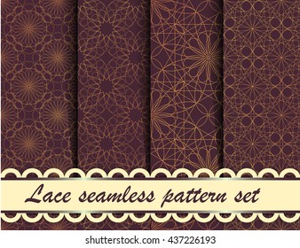 Vector line geometry style seamless pattern set. Collection of lace fabric illustrations. Collection of geometric backgrounds