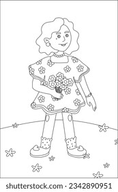 Vector line of a girl in a green dress with flowers, holding flowers in her hand, on the background of the blue sky with stars in a clearing with flowers, full-length portrait of a girl, character por