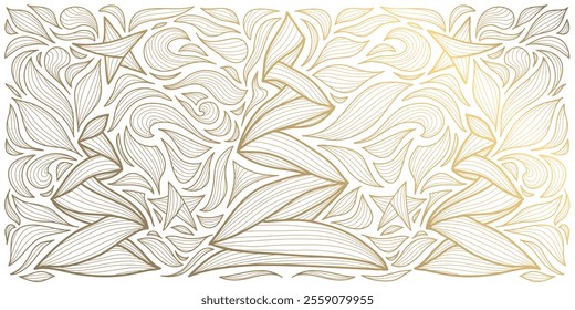 Vector line gold Christmas trees with stars background. Art deco, Japanese style holiday illustration. New year winter greeting ornament, hoizontal