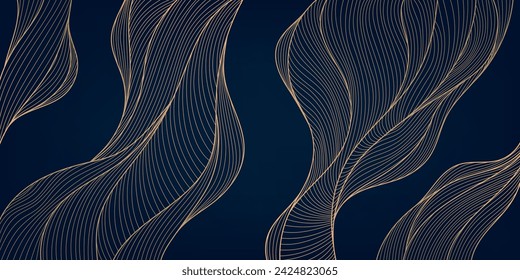 Vector line gold on black background, wavy illustration. Luxury premium banner, japanese style