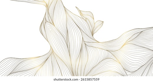 Vector line gold on white wave abstract pattern. Luxury premium leaves design, curve ocean elegant ornament. Flow water background