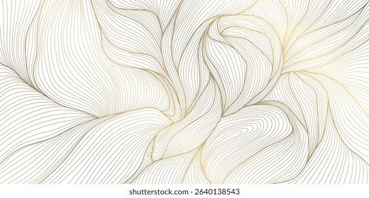 Vector line gold on white leaves, flower art, tea elegant pattern. Art deco, japanese floral luxury illustration. Wave jungle, tree branch summer motif