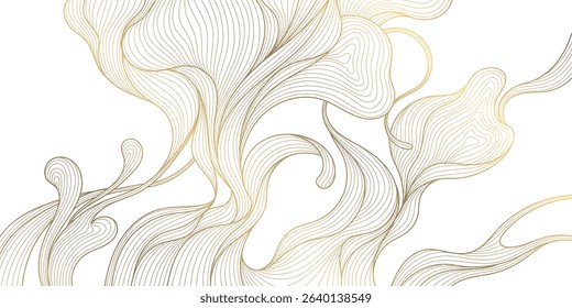 Vector line gold on white leaves, flower art, tea elegant pattern. Art deco, japanese floral luxury illustration. Wave jungle, tree branch summer motif