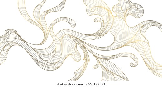 Vector line gold on white leaves, flower art, tea elegant pattern. Art deco, japanese floral luxury illustration. Wave jungle, tree branch summer motif